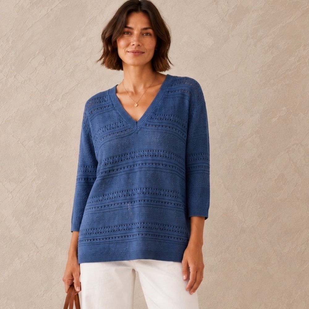 Torrid V-Neck Tunic Sweater Pointelle Knit Blue Womens 10